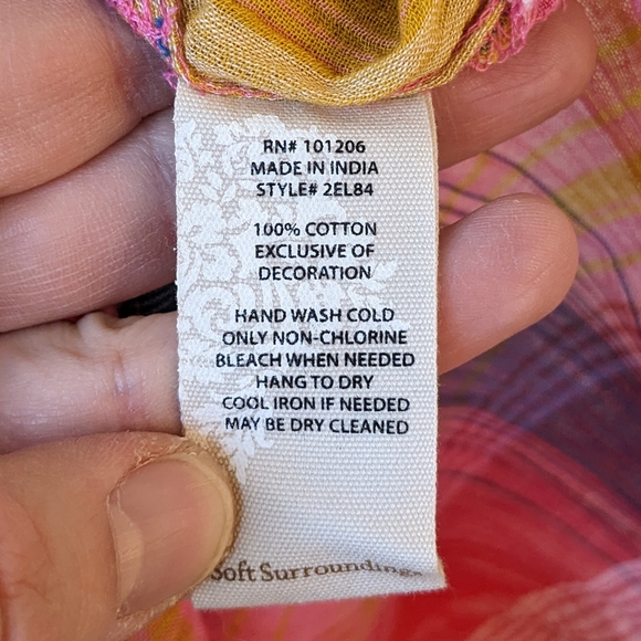 Soft Surroundings Sansonne Shirt Multi Plaid Gauzy Cotton Smocked Embroidered - Picture 7 of 7